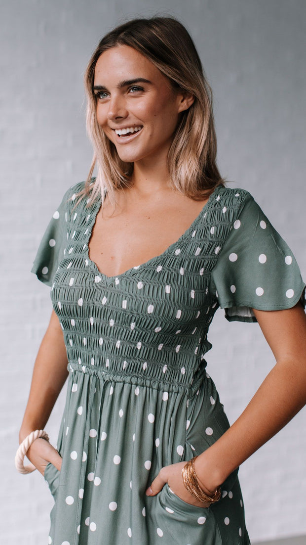 Julia Midi Dress - Sage Polka Dot