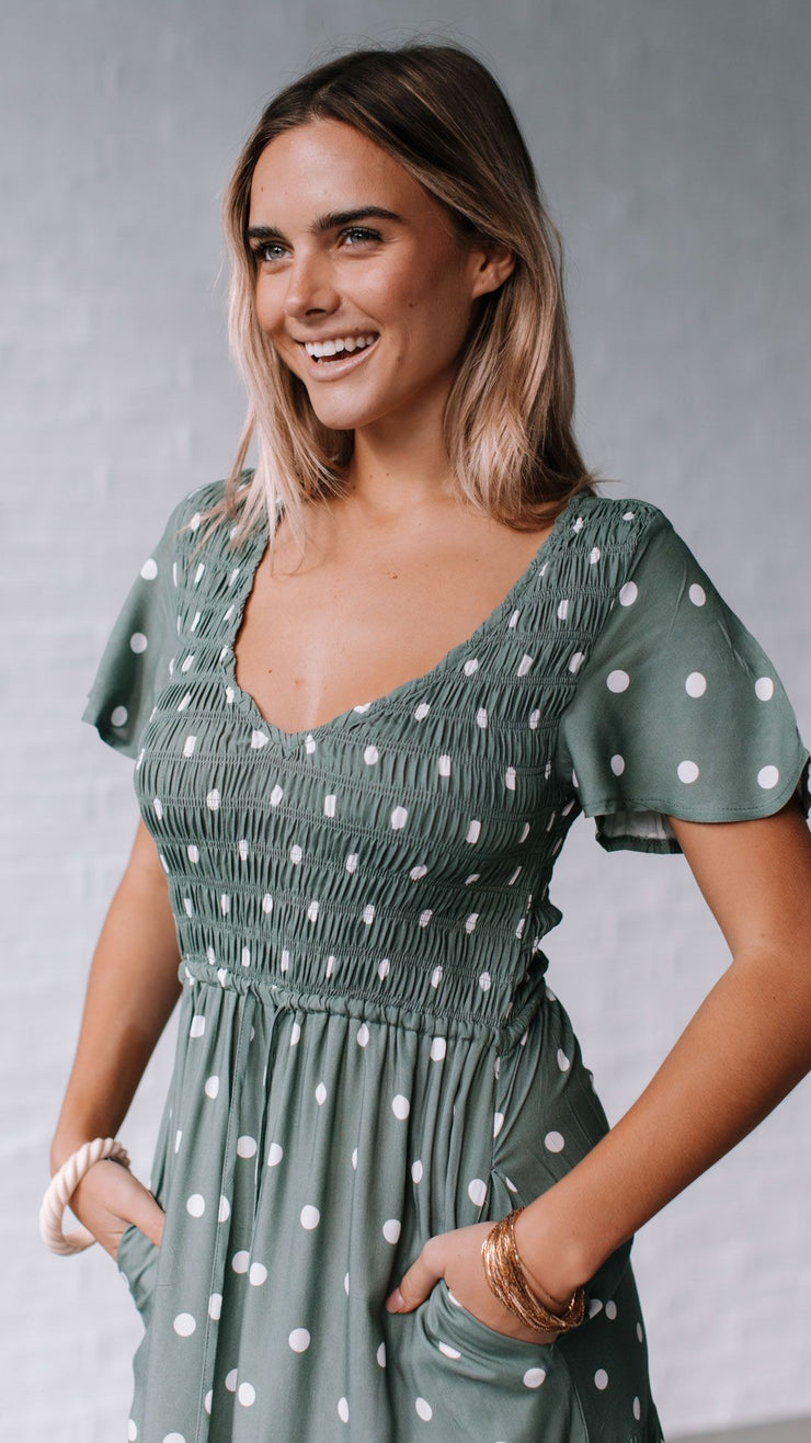 Julia Midi Dress - Sage Polka Dot