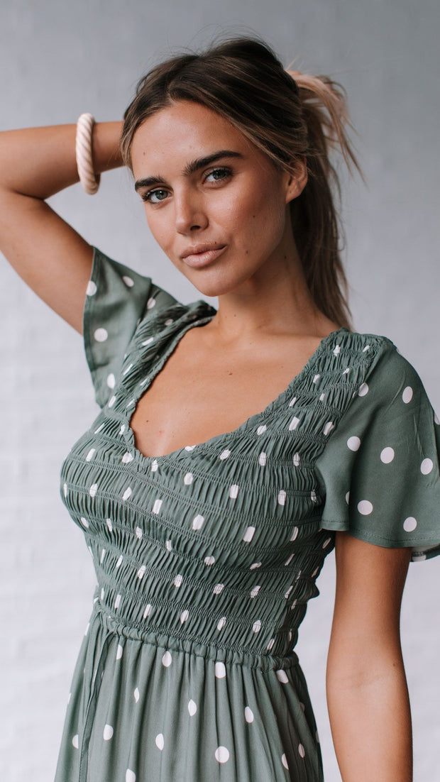 Julia Midi Dress - Sage Polka Dot