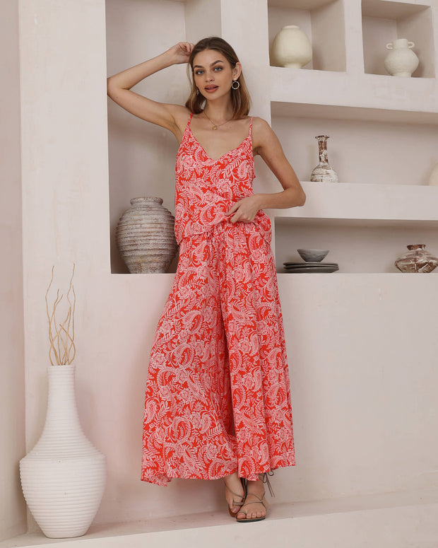 Holly Wide Leg Pants - Red/Pink Paisley