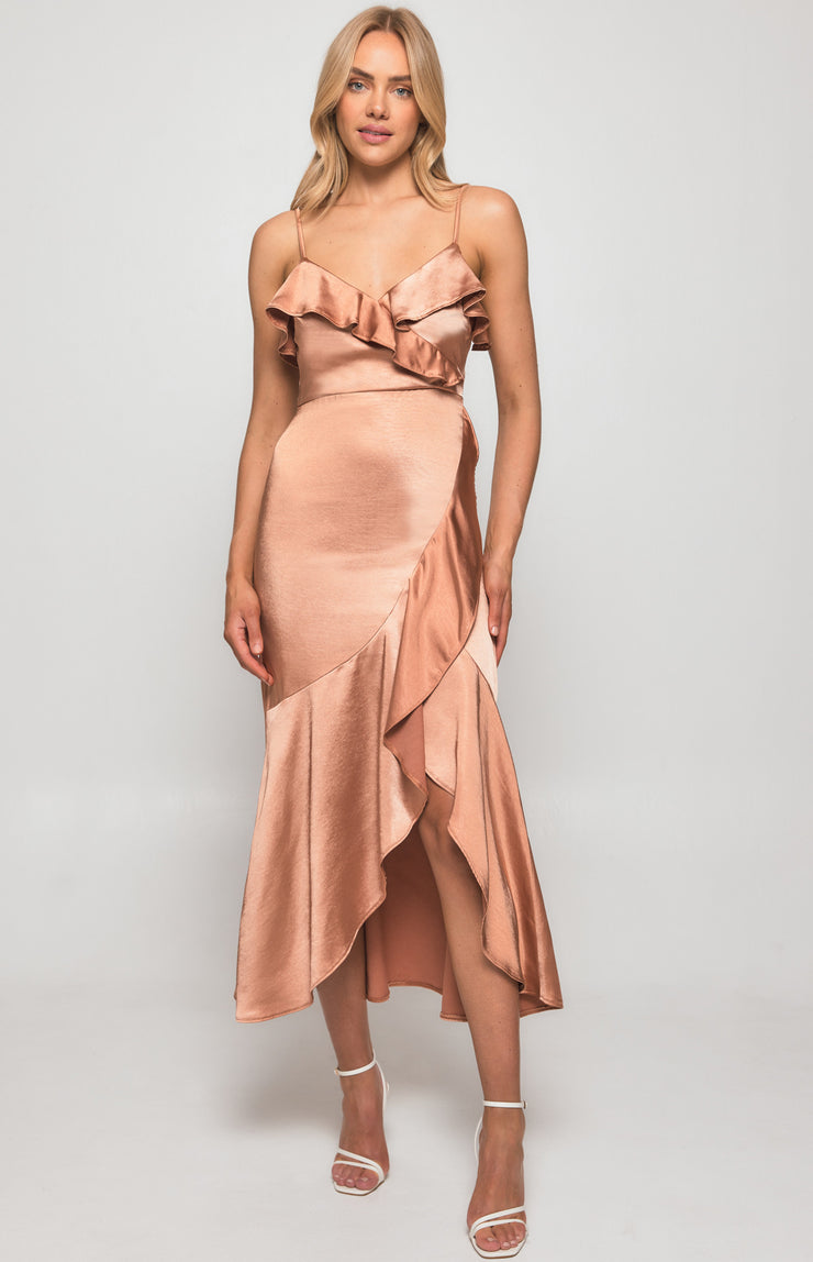 Amelie Satin Midi Dress - Bronze