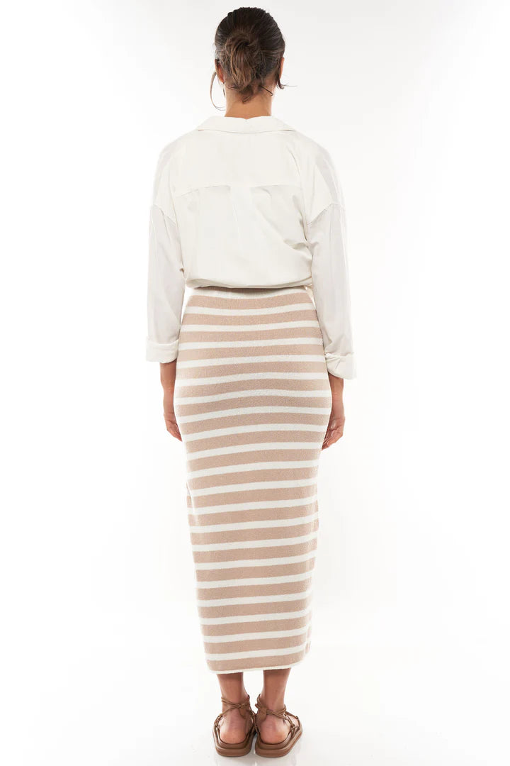 Away We Go Split Midi Skirt - Latte/White Stripe