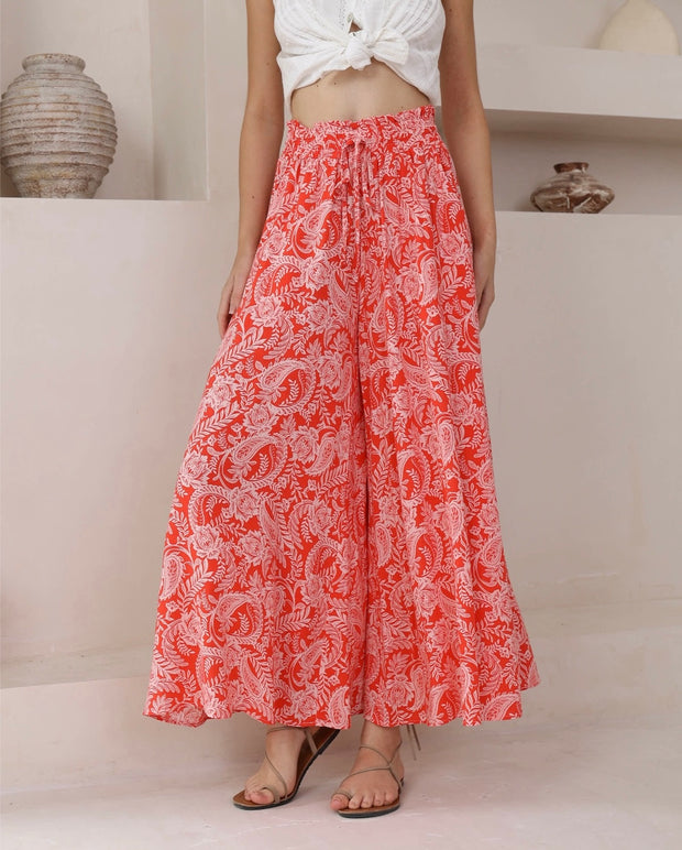 Holly Wide Leg Pants - Red/Pink Paisley