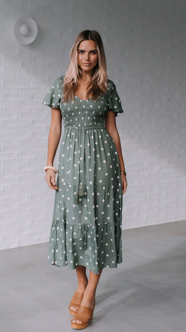 Julia Midi Dress - Sage Polka Dot