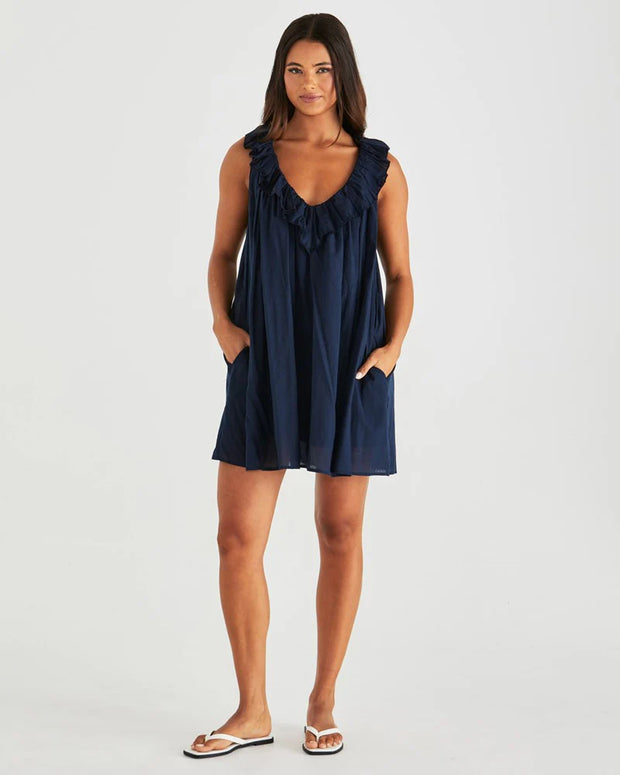 Belen Ruffled Neck Mini Dress - Navy