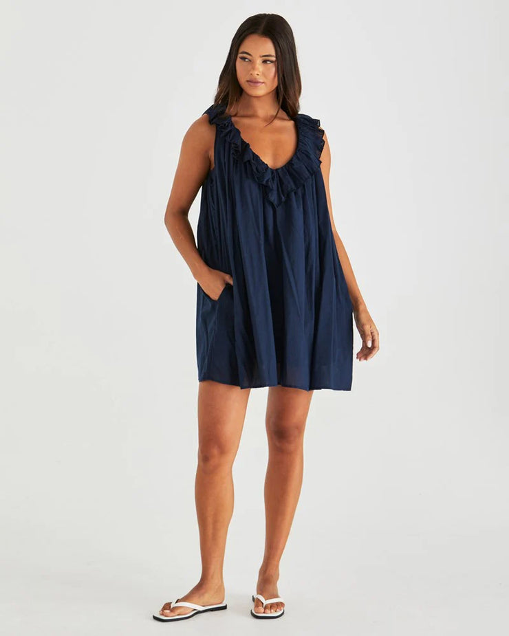 Belen Ruffled Neck Mini Dress - Navy