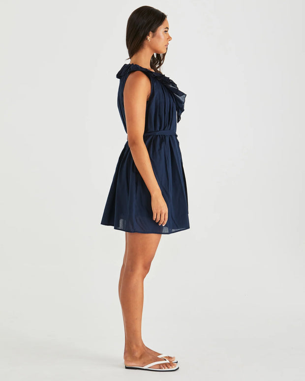 Belen Ruffled Neck Mini Dress - Navy