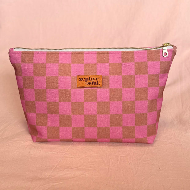 Makeup Bag Large - Brown + Pink Check