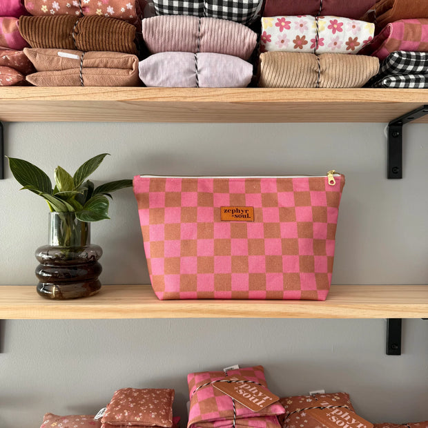 Makeup Bag Large - Brown + Pink Check