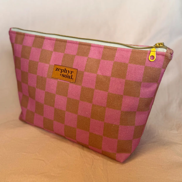 Makeup Bag Large - Brown + Pink Check