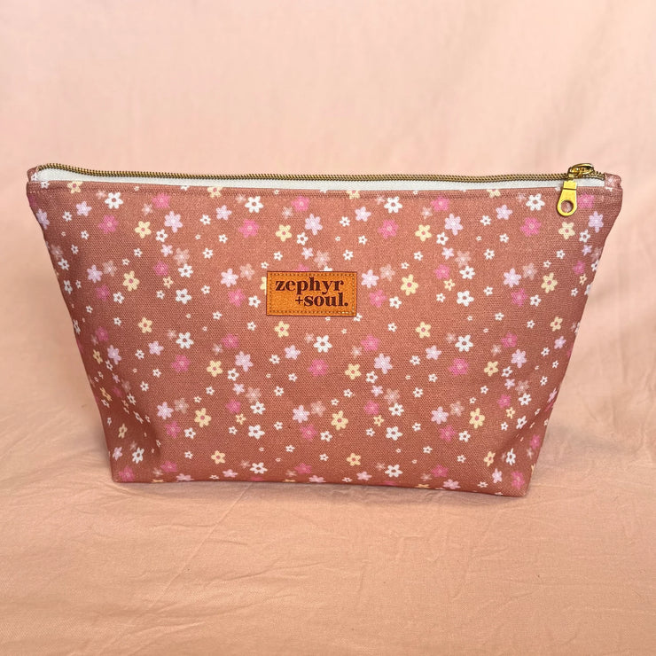 Makeup Bag Large - Brown + Pink Floral