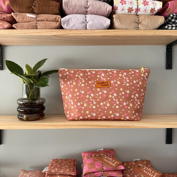 Makeup Bag Large - Brown + Pink Floral