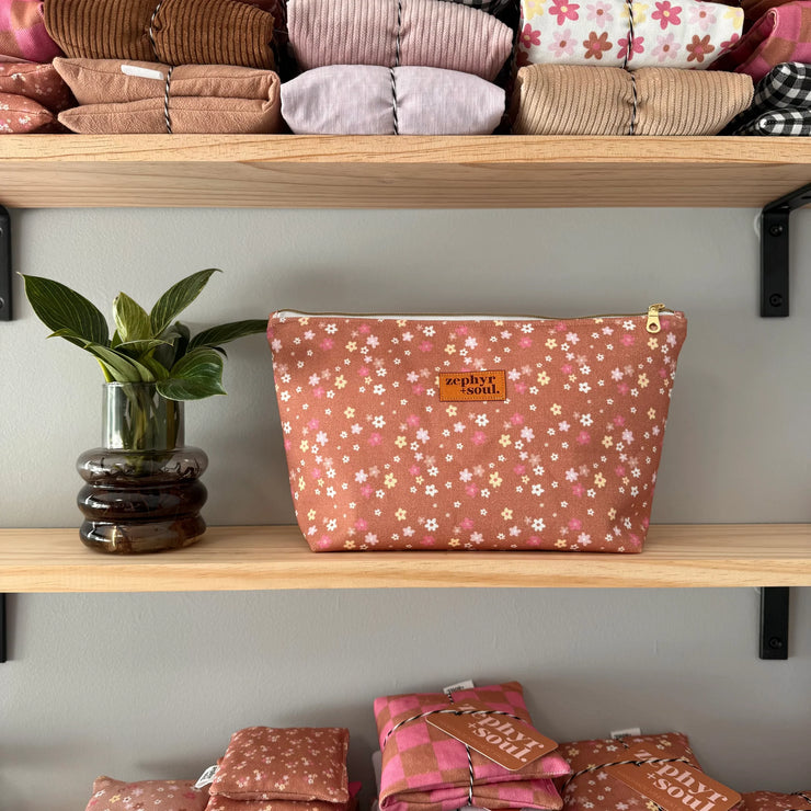 Makeup Bag Large - Brown + Pink Floral