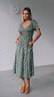 Julia Midi Dress - Sage Polka Dot