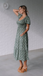 Julia Midi Dress - Sage Polka Dot