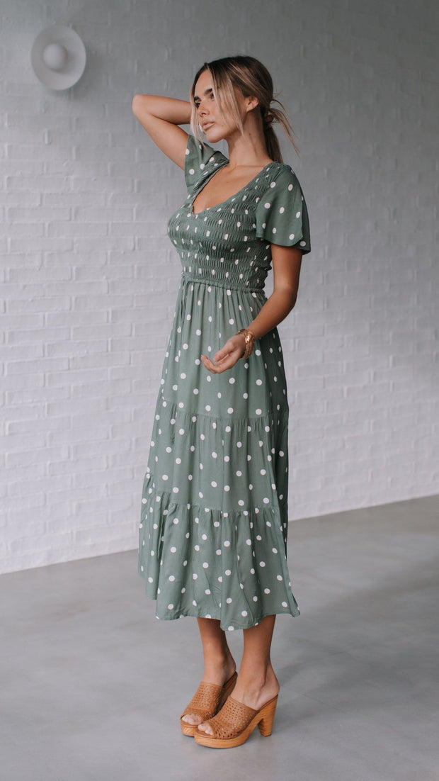 Julia Midi Dress - Sage Polka Dot