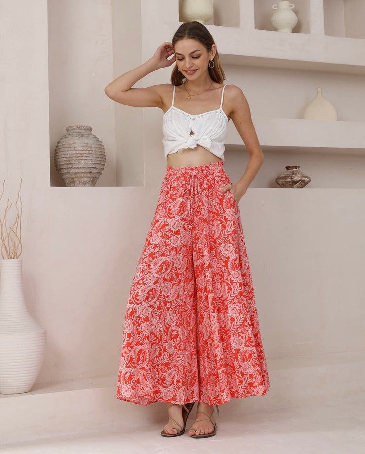 Holly Wide Leg Pants - Red/Pink Paisley