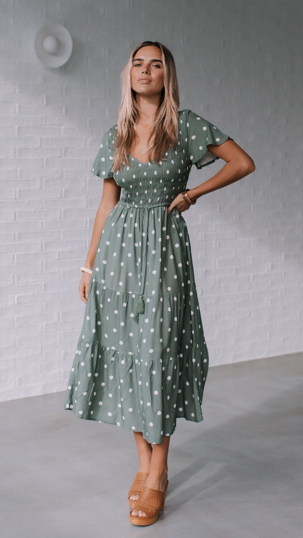 Julia Midi Dress - Sage Polka Dot