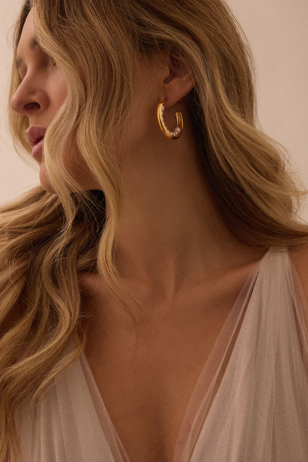 LUNA Pearl Hoops - 14KT Gold Plated