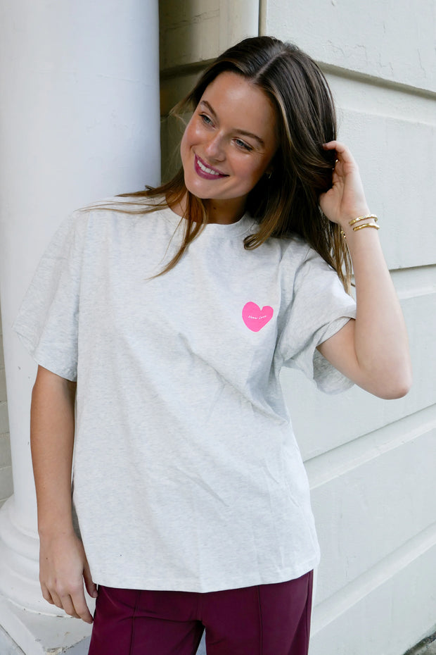 Neon Love Tee - Grey Marle/Neon Pink