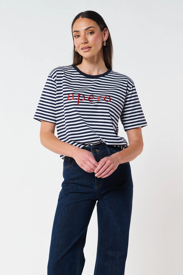 Apéro Original Stripe Embroidered Logo Tee - Navy/White (NON BFF)