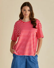 Relax Boxy Tee - Pink/Red Stripe