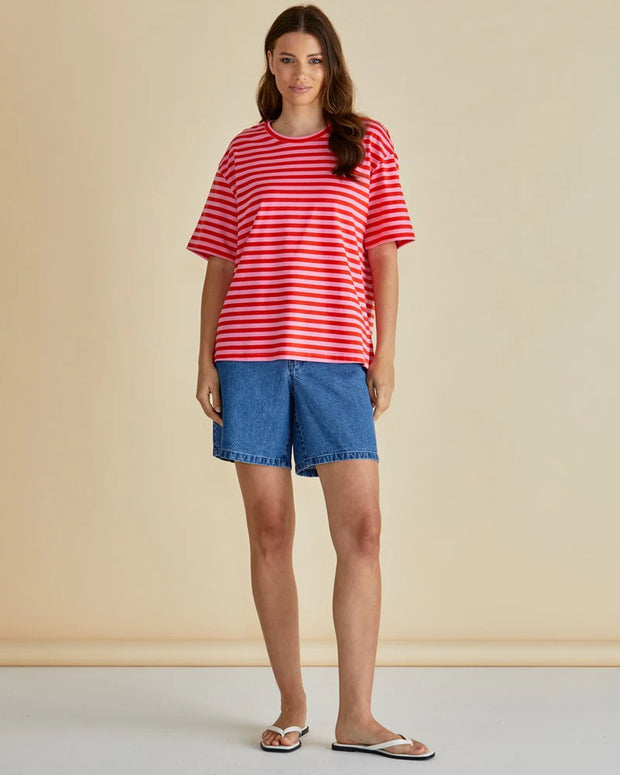 Relax Boxy Tee - Pink/Red Stripe
