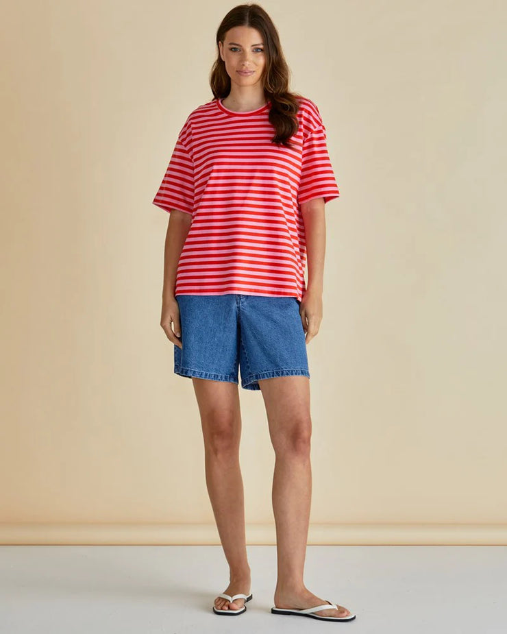 Relax Boxy Tee - Pink/Red Stripe