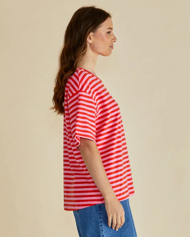Relax Boxy Tee - Pink/Red Stripe