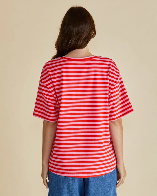 Relax Boxy Tee - Pink/Red Stripe