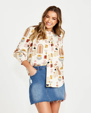 Roxy Shirred Cuff Blouse - Abstract Print