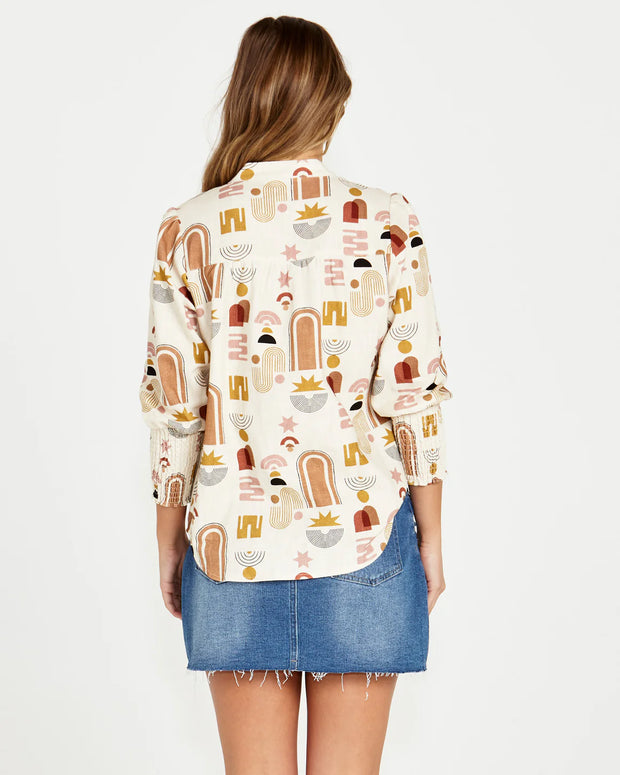 Roxy Shirred Cuff Blouse - Abstract Print