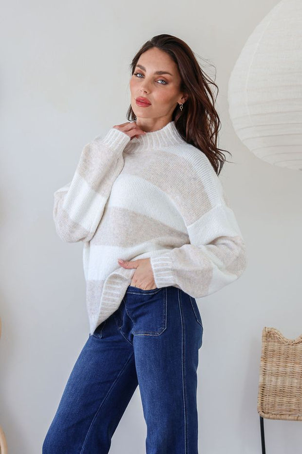 Stella Knit Jumper - Latte/Ivory Stripe
