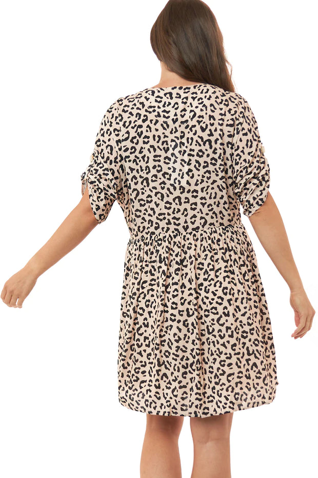 Sunrise Button Front Dress - Tan Leopard