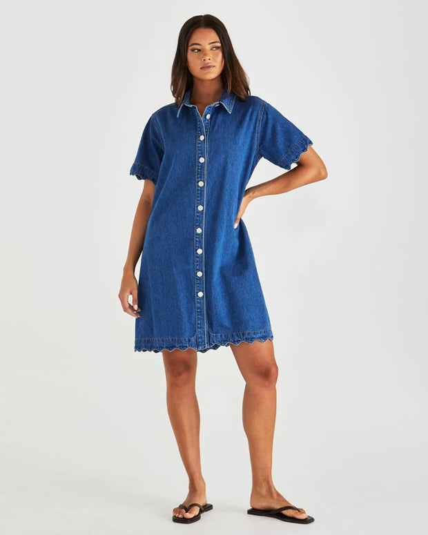 Vale Scalloped Denim Dress - Mid Blue Wash
