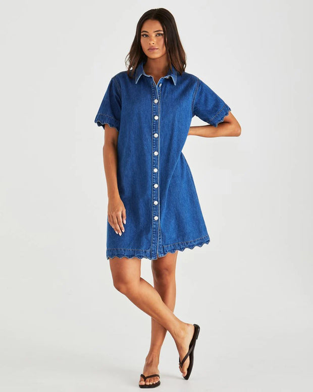 Vale Scalloped Denim Dress - Mid Blue Wash