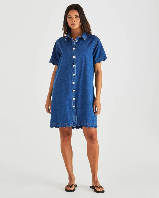 Vale Scalloped Denim Dress - Mid Blue Wash