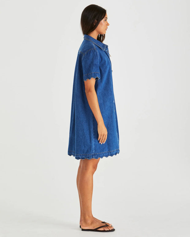 Vale Scalloped Denim Dress - Mid Blue Wash