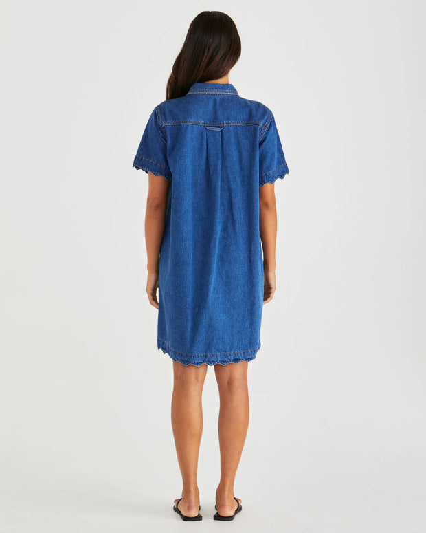 Vale Scalloped Denim Dress - Mid Blue Wash