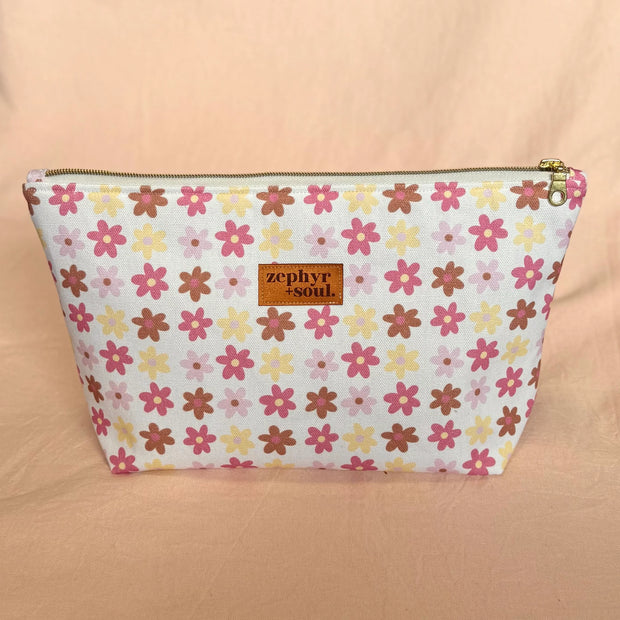 Makeup Bag Large - White + Pink Flowers