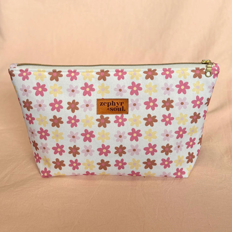 Makeup Bag Large - White + Pink Flowers
