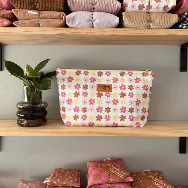 Makeup Bag Large - White + Pink Flowers