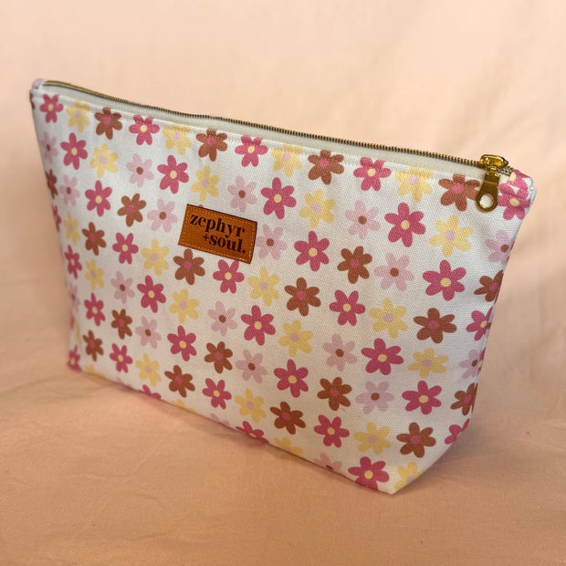 Makeup Bag Large - White + Pink Flowers