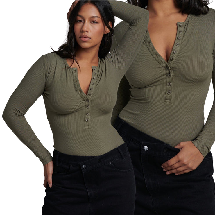 BAYSE LARA Long Sleeve Button Down Bodysuit - Khaki