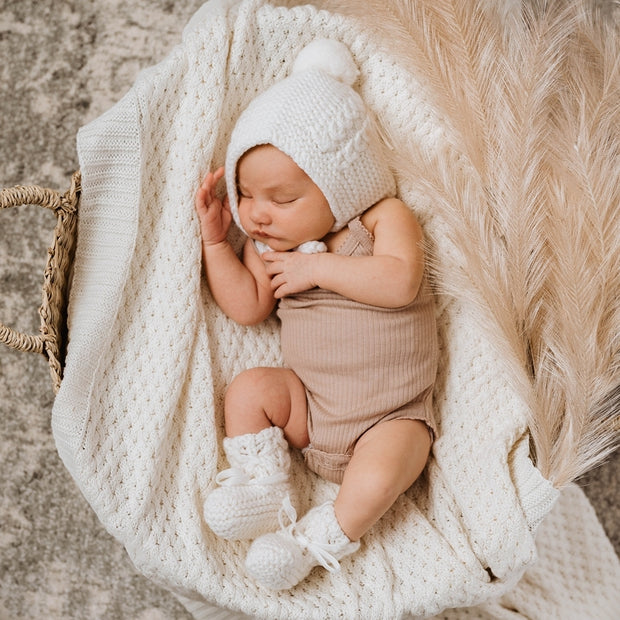 Merino Wool Bonnet & Booties Set - Ivory