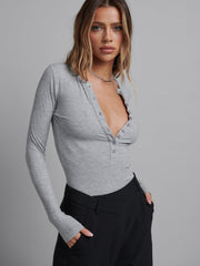 BAYSE LARA Long Sleeve Button Down Bodysuit - Grey Marle