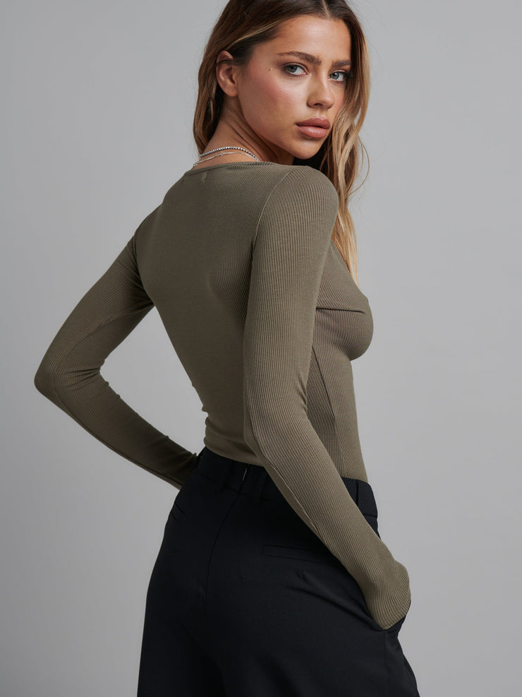 BAYSE LARA Long Sleeve Button Down Bodysuit - Khaki