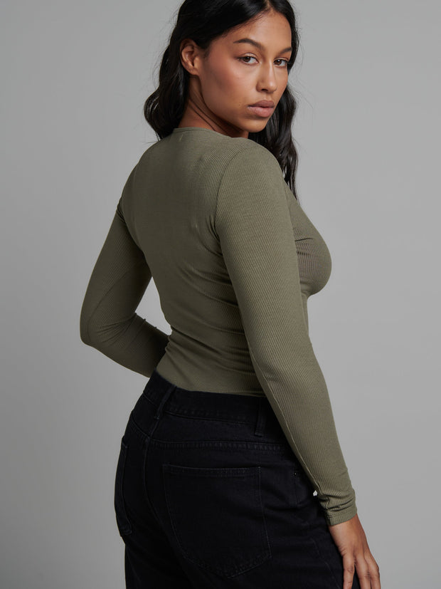 BAYSE LARA Long Sleeve Button Down Bodysuit - Khaki