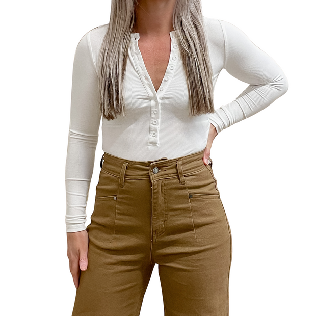 BAYSE LARA Long Sleeve Button Down Bodysuit - White